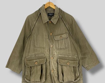 Vintage 1990s TOM MORRIS Field Denim Jacket Large Workwear Utility Multi Pocket Chore Coat Safari Hunting Style Faded Olive Green Size L