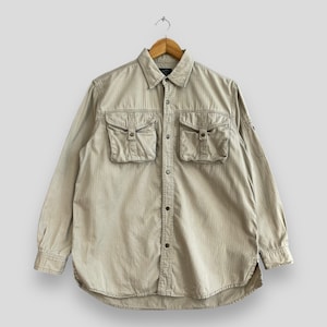 Vintage anni &#39;90 ANDARE SCHIETTI Denim Workers Camicia Media Andare Schietti Outdoor Workwear Cargo Pocket Utility Camicia Buttondown Taglia M