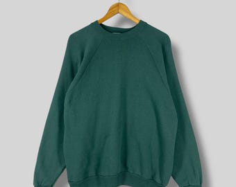 Vintage effen groen sweatshirt ronde hals grote jaren 1990 casual sportkleding wijde trui gemaakt in de VS Effen groene trui blanco trui maat L