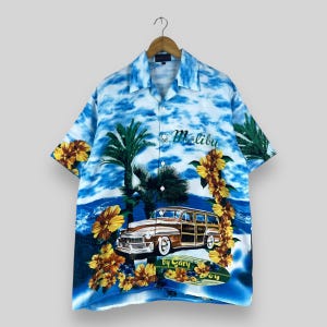 Vintage 1990s Aloha Tropical Floral Hawaii Shirt Large Hawaiian Classic Car Malibu Beach Over Print Button Up Polyester Aloha Shirt Size XL