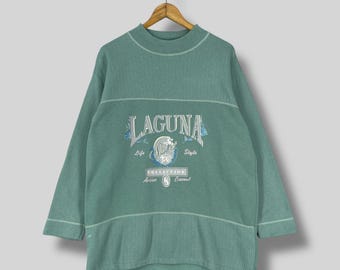 Sudadera deportiva LAGUNA vintage de los años 90 con cuello alto, talla grande / Sudadera deportiva con estampado Laguna Spellout, fabricada en EE. UU., color verde menta, talla L