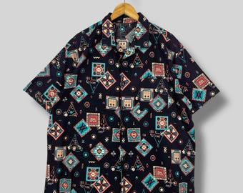 Vintage 90's Baroque Rayon Shirt Xlarge Novelty Baroque Abstract Native America Rodeo Cowboys Western Styles Button Up Shirt Size XL
