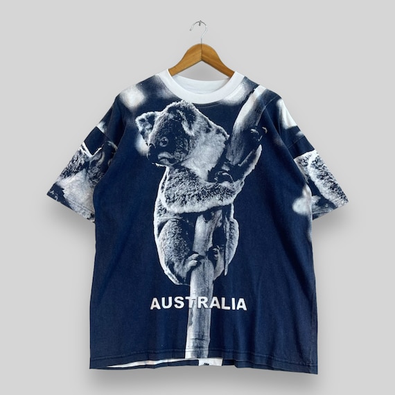 Vintage 1990s AUSTRALIA Tshirt Large Pop Art Australian Koala Bear Printed All Over Print Tee Australia Graphic Print Blue Tshirt Size L
