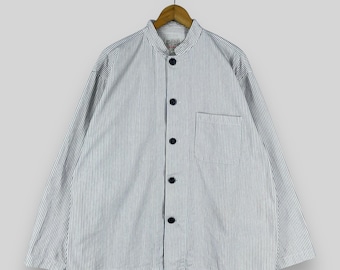 Vintage 1990s DOWNINGS Hickory Jacket Large Japanese Denim Workwear Frenchwork Casual Labor Denim Button Up Stand Collar Jacket Size L