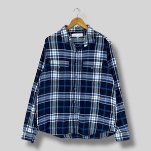 Vintage OLD NAVY Plaid Blue Flannel Shirt Large Y2K Plaid Checkered Tartan Blue Minimalist Double Pocket Boyfriend Shirt Button Up Size L