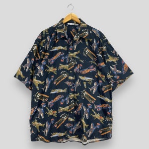Vintage Abstract Hawaii Shirt Xlarge Vintage 1990s Pop Art American Flying Squad Planes Printed Psychedelic Buttondown Shirt Size XL