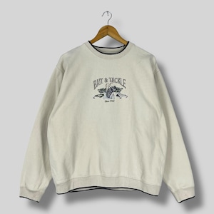 BAIT & TACKLE Sweatshirt Crewneck Xlarge Vintage Y2K American Fishing Spellout Embroidery Sportswear Fishing Pullover Beige Sweater Size XL