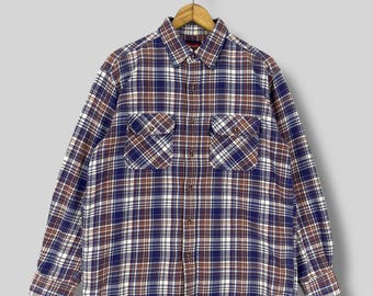 WRANGLER America Checkered Flannel Shirt Medium Vintage 1990s Heritage Plaid Tartan Earthtone Blue/Brown Heavyweight Shirt Button Up Size M