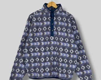 Vintage 1990s COLORADO Pullover Fleece Jacket Medium Aztec Navajo Geometric Diamond Pattern Printed Multicolor Button Snap Sweater Size M