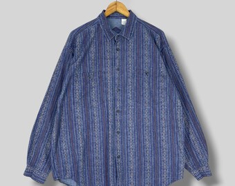 Vintage 1990s SATURDAYS Stripes Shirt Mens Xlarge Southwestern Aztec Tribal Boho Striped Blue Oxfords Shirt Long Sleeve Button Up Size XL