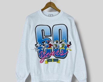 Vintage 1990s MICKEY MOUSE Crewneck Sweatshirt Medium Mickey Mouse Family 60 Years Anniversary Printed White Distressed Sweater Size M