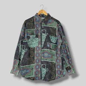 Barock abstrakt keramiktryck sidenskjorta medium vintage 1990-tals popkonst grafisk grekisk vas & geometriskt paisleymönster knäppt storlek M