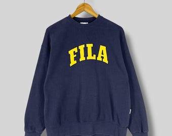 Sudadera vintage FILA de cuello redondo, talla mediana, años 90, Fila Italia, gran logotipo bordado, ropa de calle, jersey deportivo Fila azul, talla M