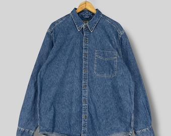 Vintage 1990s EDDIE BAUER Denim Shirt Large Blue Classics Outdoor Workers Style Blue Jeans Button Down Overshirt Long Sleeves Mens Size L