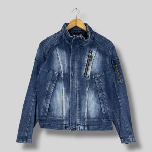 FIELDCORE Denim Bikers Style Jacket Small Vintage Y2K Fieldcore Cordura Fabric Distressed Blue Denim Multi Zipper Riders Jacket Size S