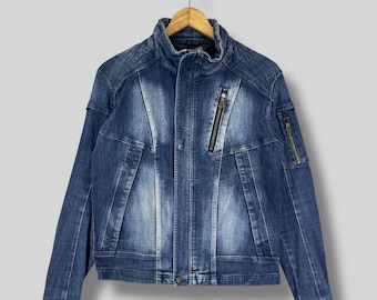 FIELDCORE Denim Bikers Style Jacket Small Vintage Y2K Fieldcore Cordura Fabric Distressed Blue Denim Multi Zipper Riders Jacket Size S