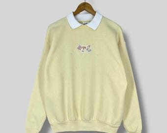 Vintage ALASKA Collared Sweatshirt Medium 1990s Alaska Spellout Embroidery Streetwear Alaska Crewneck Yellow Distressed Sweater Size M
