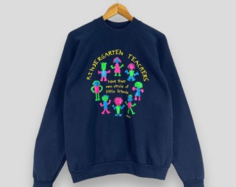 Vintage 1990s Kindergarten Teacher Crewneck Sweatshirt Medium Fruit Of Loom Happy Children Circle Printed Kindergarten Blue Sweater Size M