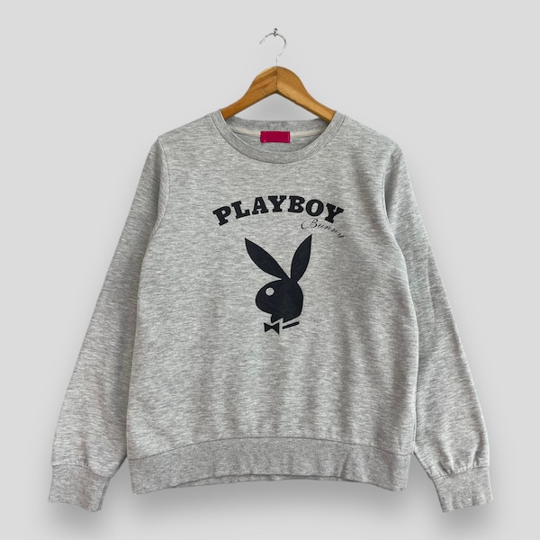 Vintage 1990s PLAYBOY Crewneck Sweatshirt Medium Playboy Bunny Big Logo Spellout Casual Fashion Outfit Gray Pullover Women Sweater Size M