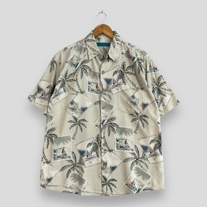 Vintage 1990s PARADISE BLUE Hawaii Shirt Medium Hawaiian Honolulu Beach Island Sailing Coconut Tree Tropical Aloha Wear Buttondown Size M
