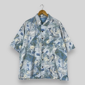 Vintage BERMUDA BAY Hawaii Silk Shirt Xlarge 90's Hawaiian Island Beach Tropical Surfing Motive Printed Beachwear Button Up Shirt Size XL