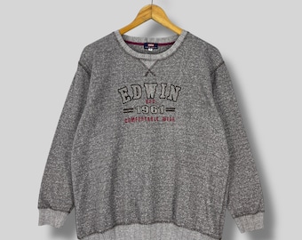 EDWIN sweatshirt met ronde hals medium vintage jaren 90 Edwin comfortabele slijtage spelout geborduurde sportkleding bruine trui trui maat M