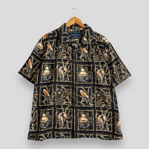 Vintage Y2K Hawaii Floral Rayon Shirt Large Hawaiian Abstract Island Beach View Sunwear Coconut Tree Parrot Button Up Aloha Wear Size L