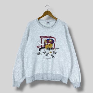Vintage jaren 90 CRAZY SHIRT sweater ronde hals medium Crazy Sweat B Kliban kat hockeyt met muis Cartoon gedrukte grijze trui maat M