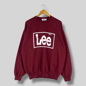 Vintage LEE Crewneck Sweatshirt Large 1990s Lee Sanforized Union Made Shirt Spell Out Big Logo Printed Lee Pullover Maroon Sweater Size L