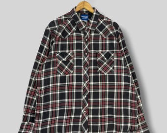 Vintage 90's WRANGLER Checkered Western Shirt Oversized Plaid Tartan Black/Red Flannel Pearl Snap Button Retro Flannel Shirt Size 2XL