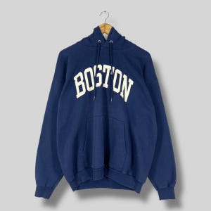 Felpa con cappuccio vintage BOSTON grande anni &#39;90 Boston Spell Out stampata Sportswear Stati Uniti Città Boston Felpa con cappuccio blu Taglia L