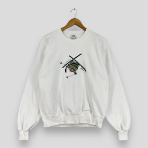 vintage CRAZY SHIRT Crewneck Sweatshirt Petit années 1990 Crazy Sweat B Kliban Cat Playing Winter Snow Ski Cartoon Imprimé Pull Blanc Taille S