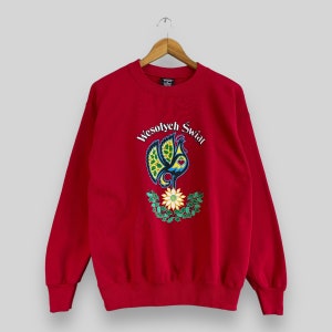 Vintage anni '90 Wesolych Swiat Felpa girocollo Media Felice Buon Natale Celebrazione Animale Motivo Stampato Maglione Rosso Pullover Taglia M
