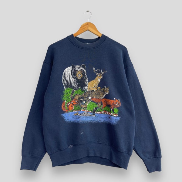 Vintage 90's Animal Sweatshirt Crewneck Medium American National Park Forest Animal Wildlife Printed Pullover Blue Distressed Sweater Size M