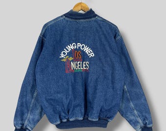 Vintage 1990er Jahre CANGARCON Jeans Jacke Large Young Power Los Angeles Cangarcons Spellout Stickerei Quilted Denim Bomber Style Jacket Size L