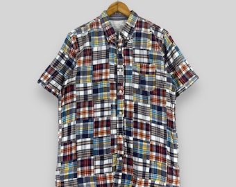 chemise vintage patchwork en flanelle moyenne à carreaux de l'an 2000 à carreaux tartan multicolore Rebuild Construct chemise boutonnée à manches courtes richelieu taille M