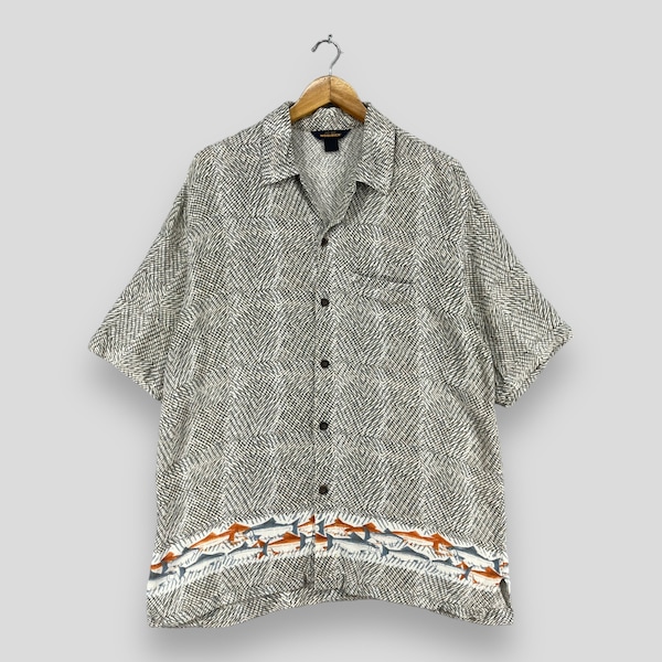 Vintage 90's WOOLRICH Hawaii Shirt Medium Hawaiian Abstract Native Pattern Style Deep Ocean Fish Beachwear Shirt Buttondown Shirt Size M