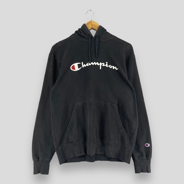 Vintage CHAMPION Pullover Distressed Hoodie Medium Y2K Champion Spell Out Sportswear Champion Streetwear Faded Black Sweater Size M