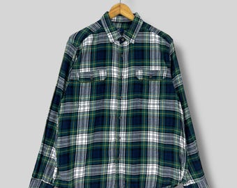 GEORGE Checkered Flannel Shirt Large Vintage Y2K Plaid Tartan Green/Navy Double Pocket Minimalist Button Up Long Sleeve Shirt Size L