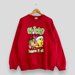 TWEETY Sudadera con cuello redondo de dibujos animados Xlarge Vintage 90's Looney Tunes Dibujos animados Tweety Chicks Lo merecen todo Suéter rojo Tamaño XL