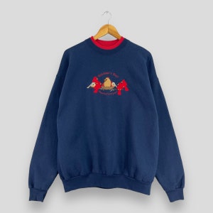 Vintages Y2K Rote Kardinalvögel Rundhals-Sweatshirt Großes Oma-Nest-Kardinalvögel, wo sich die Herde versammelt, Stickerei Blauer Pullover Größe L