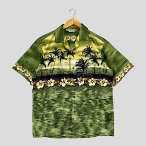 Vintage 90&#39;s BLUE HAWAII Button Up Shirt Medium Hawaiian Summer Island Beach Surf Floral Motive Coconut Tree Aloha Wear Cotton Shirt Size M