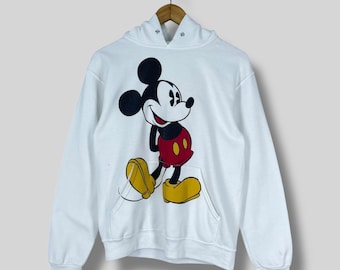 MICKEY MOUSE Pullover Hoodie Small Vintage 1990s Walt Disney Mickey Mouse Cartoon Printed Mickey Disney Pullover White Sweater Size S
