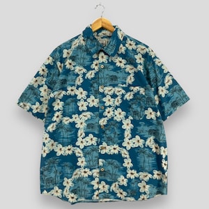 HIBISCUS Floral Hawaiian Shirt Large Vintage 90&#39;s Aloha Beach Tropical Floral Coconut Tree Beach Surf Island Button Up Shirt Size L