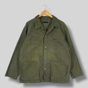 Vintage Japanese Brand Distressed Chore Jacket Large Workwear Barn Field Denim Labor Workers Sun Faded Green Denim Jacket Buttons Size L
