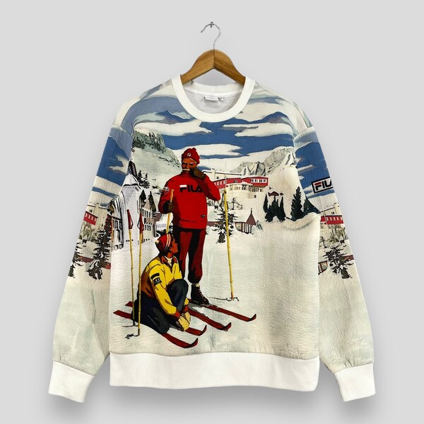 Vintage 1990 FILA Italia Crewneck sudadera mediana Fila invierno snowboard todo estampado streetwear pullover suéter blanco tamaño L