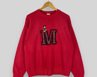 Sudadera de cuello redondo vintage de Mickey Mouse de los años 90, suéter rojo de dibujos animados de Mickey Mouse de Walt Disney con bordado de dibujos animados, talla M