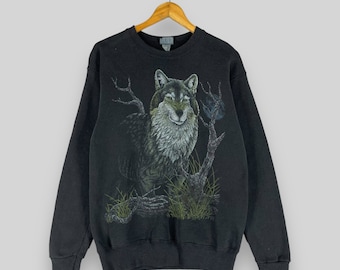 Vintage 1990s Gray Wolf Crewneck Sweatshirt Small Fine Art All Over Print Carnivore Forest Wildlife Wolf Animal Black Sweater Size S