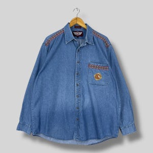Vintage 90&#39;s DENIM GEAR Aztec Navajo Denim Shirt Large American Cowboys Native Style Multicolor Stripes Retro Button Up Shirt Size L