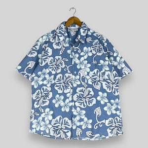 Vintage Hawaii Floral Shirt Large Y2K Hawaiian Waikiki Beach Tropical Floral Motive Hibiscus Button Up Sunwear Aloha Wear Shirt Size L